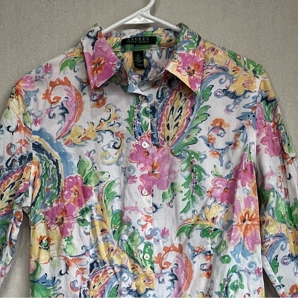 Lauren Ralph Lauren Colorful Floral Paisley Button Up Shirt Sz 12 Peplum Office - Picture 2 of 16
